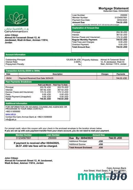 Jordania Bank Kairsko-Amman wyciąg z kredytu hipotecznego szablon Word i PDF